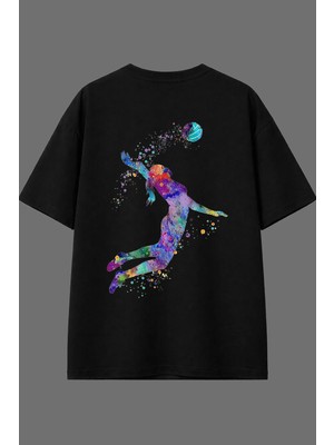 Vsrn Voleybolcu 2 Tasarım Arka Baskılı Siyah Oversize T Shirt