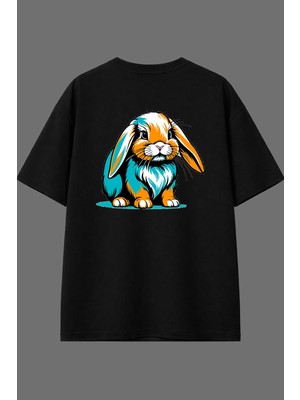 Vsrn Tavşan Tasarım Arka Baskılı Siyah Oversize T Shirt