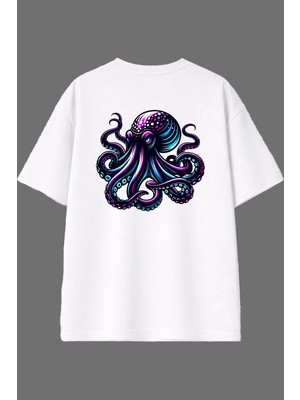Vsrn 8 Kollu Ahtapot Tasarım Arka Baskılı Beyaz Oversize T Shirt