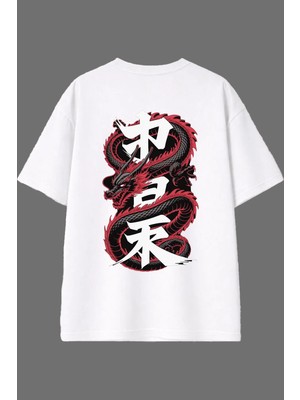 Vsrn Japon Ejder Tasarım Arka Baskılı Beyaz Oversize T Shirt