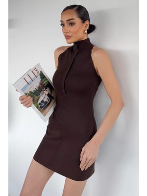 Gülseli Kadın Ön Yarım Düğmeli Halter Yaka Likralı Elbise P-00020937
