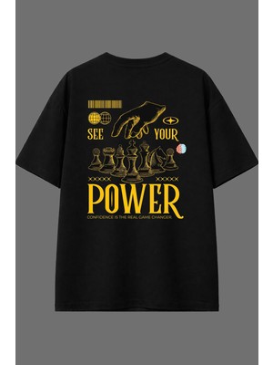 Vsrn Power Your Tasarım Arka Baskılı Siyah Oversize T Shirt