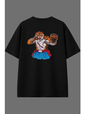 Vsrn Sinirli Kaplan Tasarım Arka Baskılı Siyah Oversize T Shirt