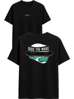 Vsrn Rıde The Wawe Tasarım Baskılı Siyah Oversize T Shirt