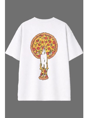 Vsrn Kayan Pizza Tasarım Arka Baskılı Beyaz Oversize T Shirt