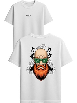 Vsrn Sakallı Japon Adam Tasarım Baskılı Beyaz Oversize T-Shirt
