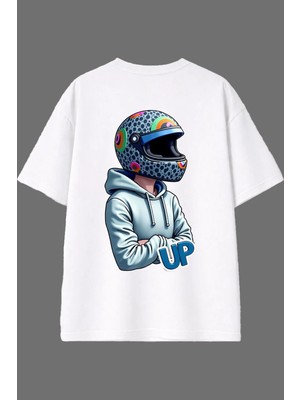 Vsrn Motorcu Up Tasarım Arka Baskılı Beyaz Oversize T Shirt