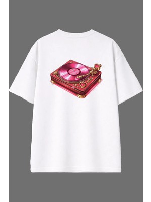 Vsrn Müzik Çalar Tasarım Arka Baskılı Beyaz Oversize T Shirt