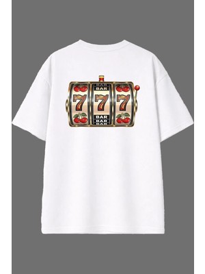 Vsrn Slot Makinası Tasarım Arka Baskılı Beyaz Oversize T Shirt