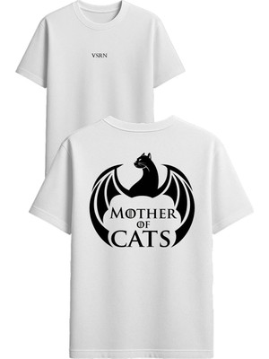 Vsrn Mother Of Cats Tasarım Baskılı Beyaz Oversize T-Shirt