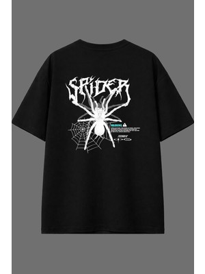 Vsrn Örümcek Tasarım Arka Baskılı Siyah Oversize T Shirt