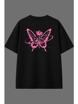 Vsrn Pembe Güllü Kelebek Tasarım Arka Baskılı Siyah Oversize T Shirt