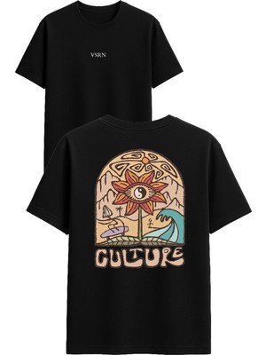 Vsrn Culture 1 Tasarım Baskılı Siyah Oversize T Shirt