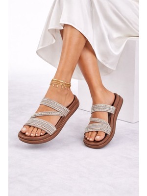 Slipcat Hasır Dokulu Çapraz Örgülü Bantlı Taş Detaylı Kadın Terlik