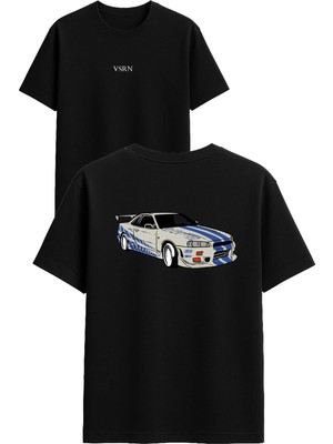 Vsrn Araba Mavi Tasarım Baskılı Siyah Oversize T Shirt
