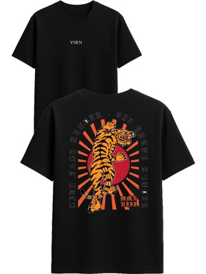 Vsrn Altın Çanlı Kaplan Tasarım Baskılı Siyah Oversize T Shirt
