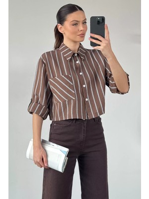 Gülseli Kadın Çizgili Crop Top Gömlek P-00020932