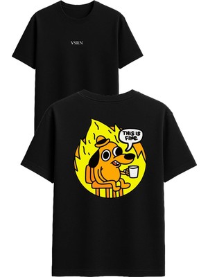 Vsrn Thıs Is Fine Tasarım Baskılı Siyah Oversize T Shirt