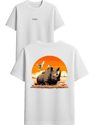 Vsrn Gergedan Tasarım Baskılı Beyaz Oversize T-Shirt