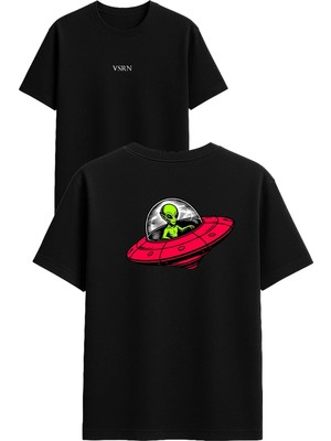 Vsrn Kırmızı Ufo Aracı Tasarım Baskılı Siyah Oversize T Shirt