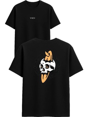 Vsrn Surf Or Die Tasarım Baskılı Siyah Oversize T Shirt