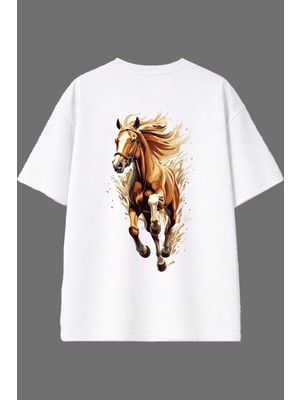 Vsrn Horse 2 Tasarım Arka Baskılı Beyaz Oversize T Shirt