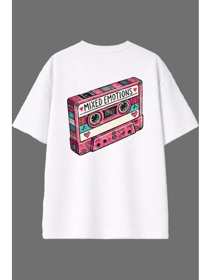 Vsrn Kaset Çalar Tasarım Arka Baskılı Beyaz Oversize T Shirt