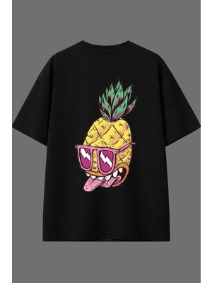 Vsrn Ananas Tasarım Arka Baskılı Siyah Oversize T Shirt
