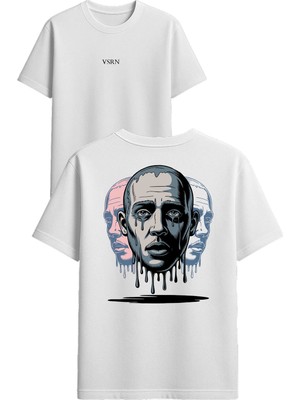 Vsrn 3 Yüzlü Adam Tasarım Baskılı Beyaz Oversize T Shirt
