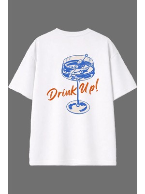 Vsrn Drink Up Tasarım Arka Baskılı Beyaz Oversize T Shirt