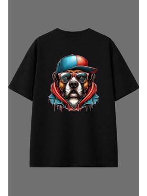 Vsrn Gözlüklü Köpek Tasarım Arka Baskılı Siyah Oversize T Shirt