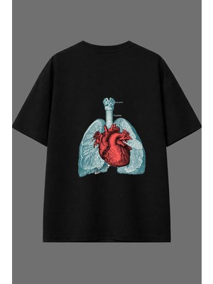 Vsrn Akciğer Tasarım Arka Baskılı Siyah Oversize T Shirt