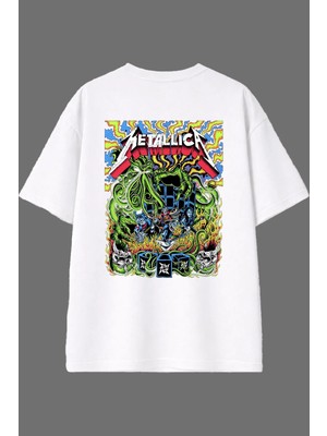 Vsrn Renkli Metalika Tasarım Arka Baskılı Beyaz Oversize T Shirt