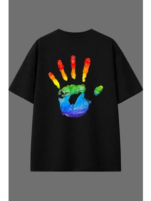 Vsrn Renkli El Tasarım Arka Baskılı Siyah Oversize T Shirt