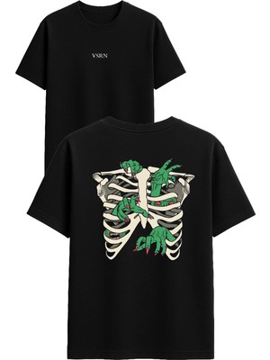 Vsrn Zombi Kafesi Tasarım Baskılı Siyah Oversize T Shirt