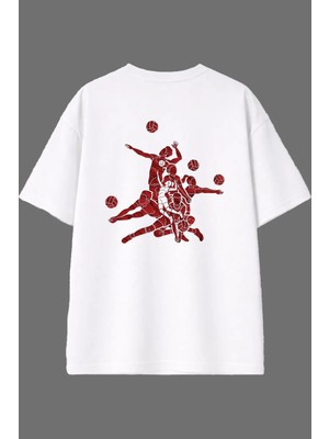 Vsrn Voleybolcular Tasarım Arka Baskılı Beyaz Oversize T Shirt