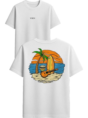 Vsrn Deniz ve Gitar Tasarım Baskılı Beyaz Oversize T Shirt