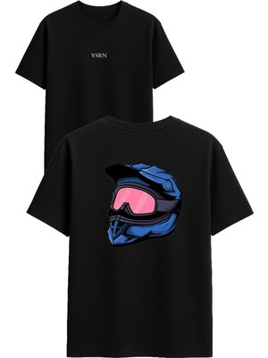 Vsrn Pembe Gözlüklü Kask Tasarım Baskılı Siyah Oversize T Shirt