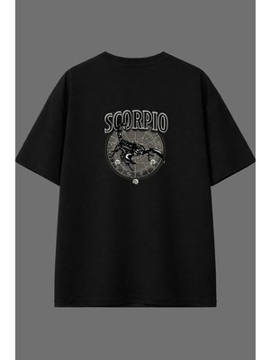 Vsrn Scorpıo Burç Tasarım Arka Baskılı Siyah Oversize T Shirt