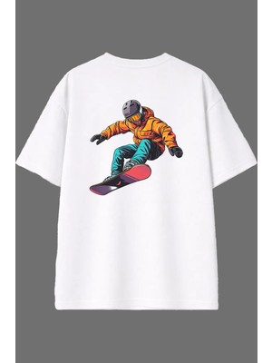 Vsrn Kış Sporları Tasarım Arka Baskılı Beyaz Oversize T Shirt