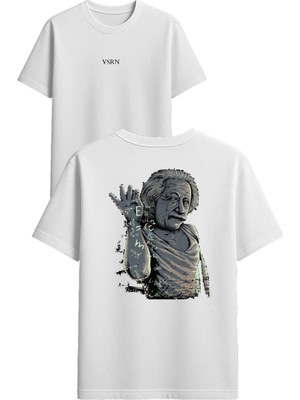 Vsrn Einstein Tasarım Baskılı Beyaz Oversize T-Shirt