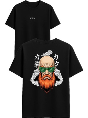 Vsrn Sakallı Japon Adam Tasarım Baskılı Siyah Oversize T Shirt