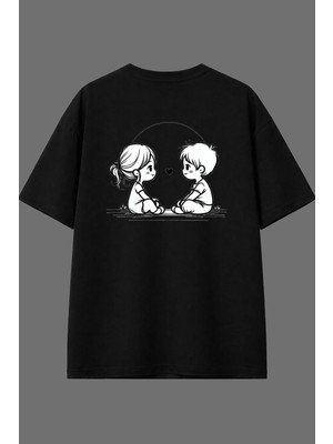 Vsrn Sevgili Çocuk Tasarım Arka Baskılı Siyah Oversize T Shirt
