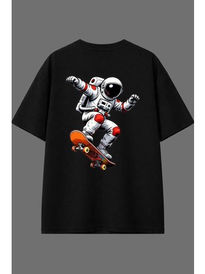 Vsrn Kaykaycı Astronot Tasarım Arka Baskılı Siyah Oversize T Shirt