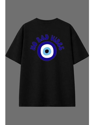 Vsrn No Bad Vibes Tasarım Arka Baskılı Siyah Oversize T Shirt