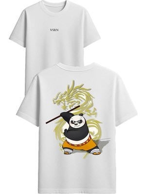 Vsrn Panda Dövüşçü Tasarım Baskılı Beyaz Oversize T Shirt