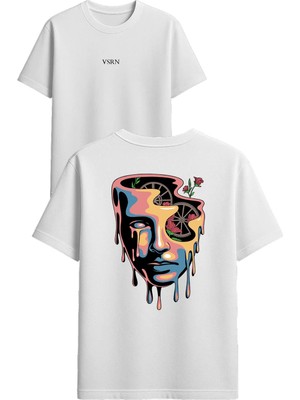 Vsrn Sistemli Akan Yüz Tasarım Baskılı Beyaz Oversize T Shirt