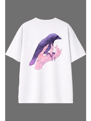 Vsrn Karga Tasarım Arka Baskılı Beyaz Oversize T Shirt