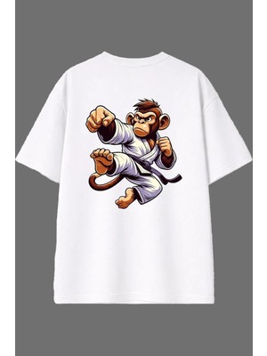 Vsrn Kungfu Maymun Tasarım Arka Baskılı Beyaz Oversize T Shirt