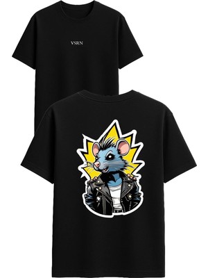 Vsrn Havalı Fare Tasarım Baskılı Siyah Oversize T Shirt